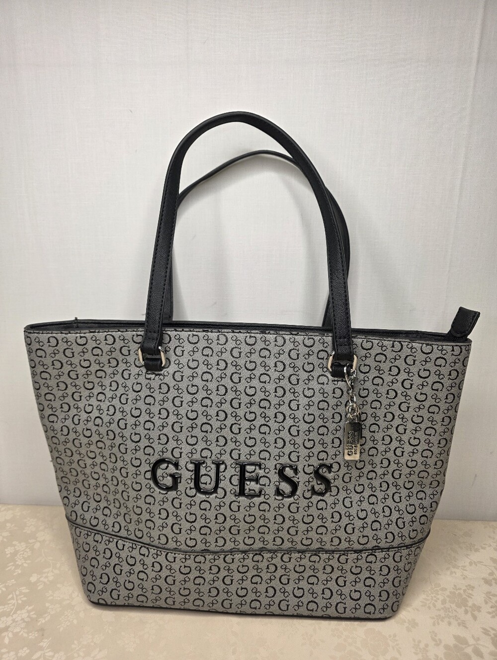 GUESS Los Angeles Monogram Logo Tote Bag Grey Black Textured Shoulder Handbag